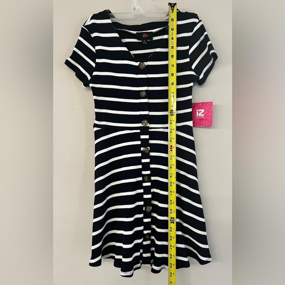 NWT iZ Byer Girl size Medium 10-12 dress White Striped Navy Blue